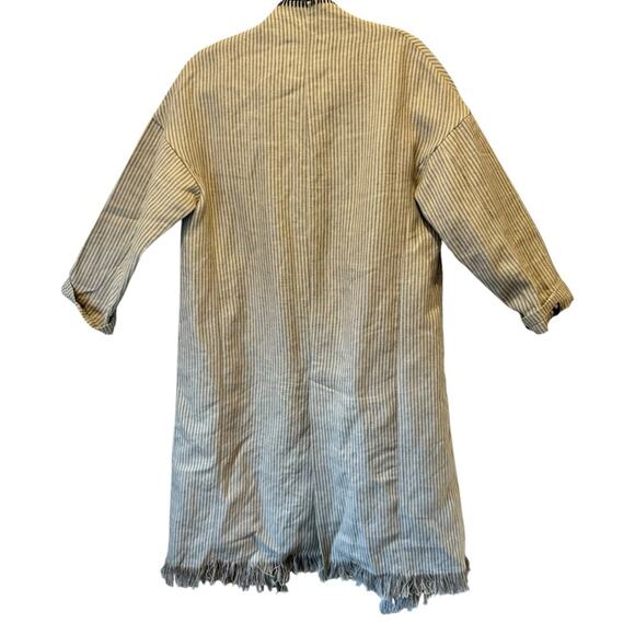 NWOT Zara Beige Linen Striped Fringe Trim Hem Midi Duster Wrap Coat Cardigan - Picture 3 of 16